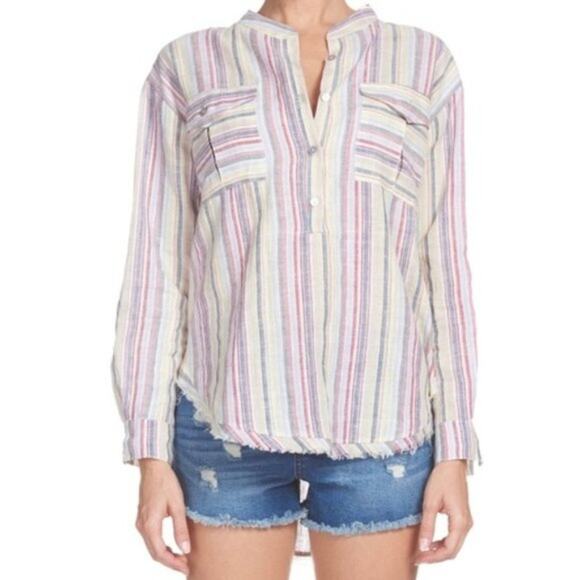 Elan Popover Top Large 100% Linen Striped Long Sleeve Split V Neck - Picture 4 of 10
